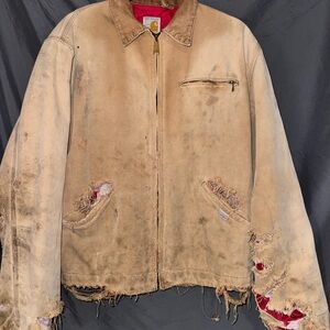 Vintage Carhartt Distressed Tan Detroit Jacket with Red Lining